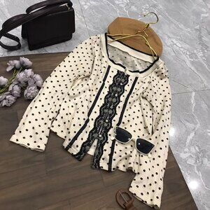 Cream Black Polka Dot Lace Trim Pearl Button Knit Cardigan
